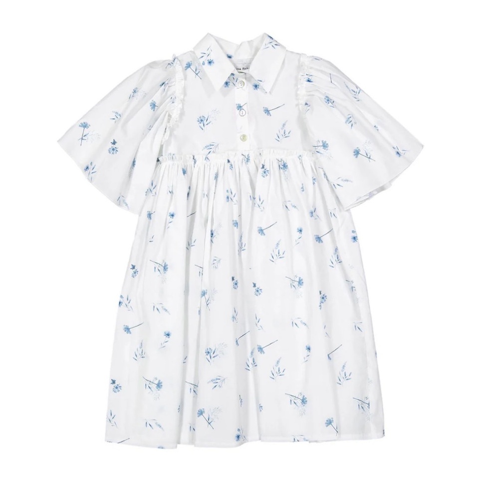 Christina Rohde White/Blue Floral Flutter Sleeve Dress